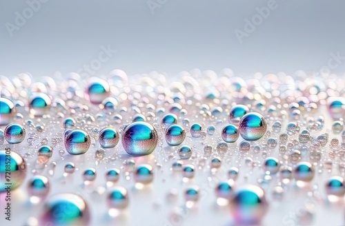 Lots organic oil bubbles on colored background. Concept of skin moisturizing. Oil and water bubbles macro photography.