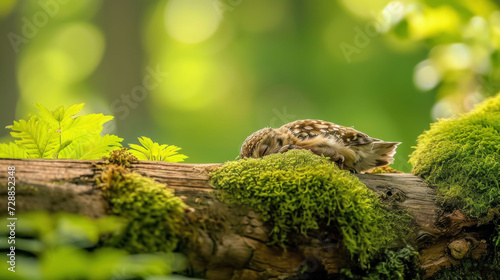  a small bird sitting on top of a tree branch covered in green mossy lichen and a tree branch with a fern growing on it's side of the branch.