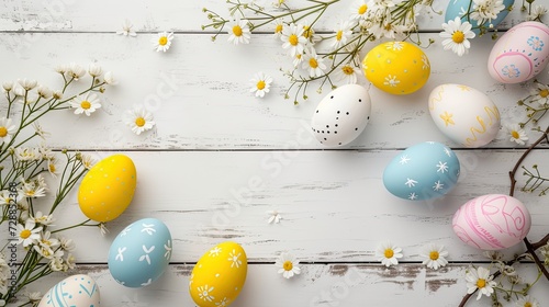 a charming Easter scene with painted eggs arranged on a white wooden table, featuring minimal detail and plenty of copy space, perfect for conveying warm wishes and joy on Easter day.