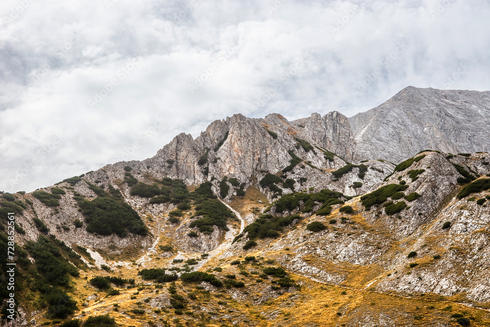 Fototapeta premium Mt. Vihren rib, view from the trekking route from Banderitsa hut to Kazana shelter. Summer mountain landscape in Pirin national park, Bulgaria.