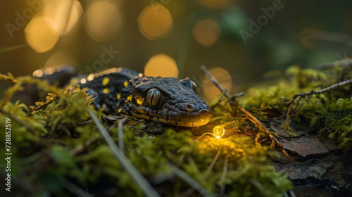  a close up of a frog laying on a moss covered ground with a light shining on it's head and eyes, with a blurry background of boke of leaves and boke of light.