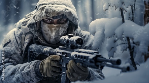 Sniper in the winter forest. Neural network AI generated art © mehaniq41