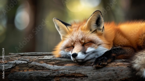  a close up of a fox sleeping on a tree trunk with its eyes closed and it's head resting on a tree branch in the foreground of a blurry background. © Olga