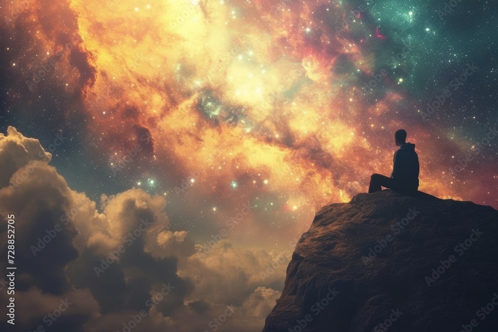 A silhouette watching sky full of galaxies A silhouette watching sky full of galaxies