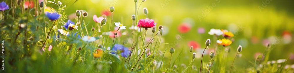 Simple natural wildflower meadow with, among other things, pink cosmea and white chamomile Simple natural wildflower meadow with, among other things, pink cosmea and white chamomile