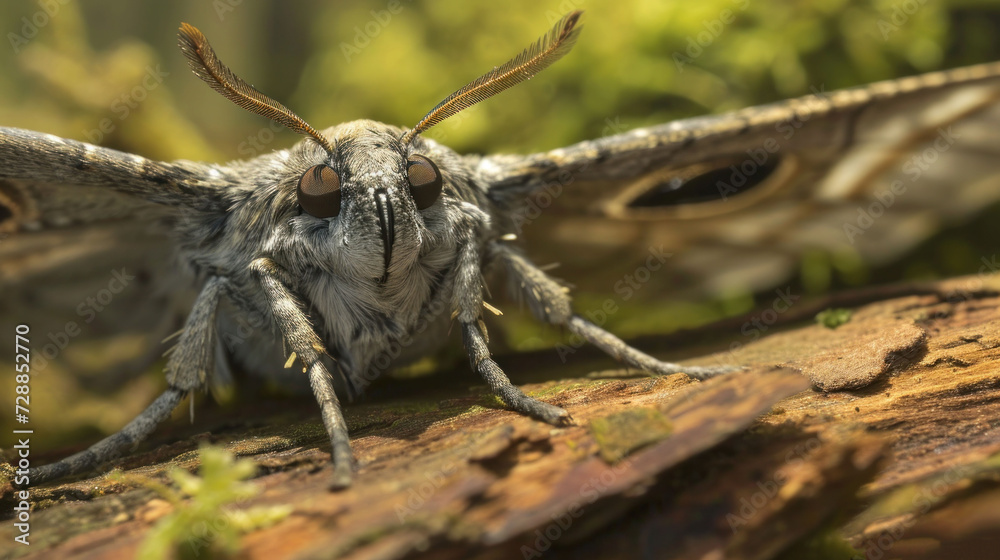 a close - up of a moth on a branch with its wings spread out and eyes wide open, with a blurry background of trees and grass and leaves in the foreground. a close - up of a moth on a branch with its wings spread out and eyes wide open, with a blurry background of trees and grass and leaves in the foreground.