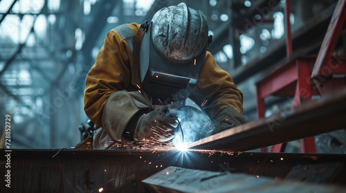 A skilled welder meticulously joins beams together