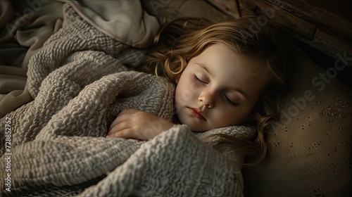 a little girl as she sleeps soundly in bed, nestled under a plush, soft, textured blanket that envelops her in warmth and comfort, creating a serene and cozy atmosphere.