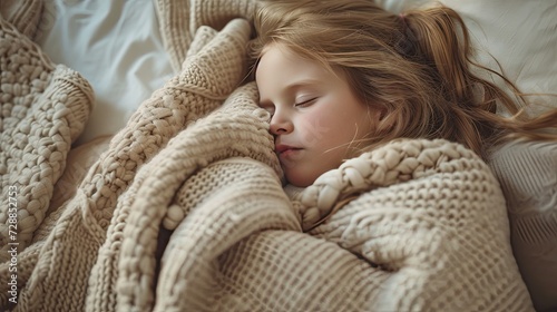 a little girl as she sleeps soundly in bed, nestled under a plush, soft, textured blanket that envelops her in warmth and comfort, creating a serene and cozy atmosphere. photo