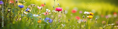 Simple natural wildflower meadow with  among other things  pink cosmea and white chamomile