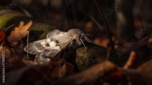  a close up of a gray and white moth on a rock in the middle of a forest with leaves on the ground and a mossy log in the foreground.