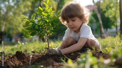 child planting a tree in a local park on Earth Day, promoting the importance of reforestation and conservation