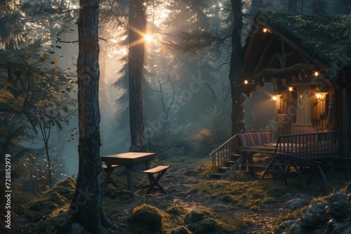 Enchanting forest cabin at twilight, its warm glow inviting tales of woodland wonder and retreat.