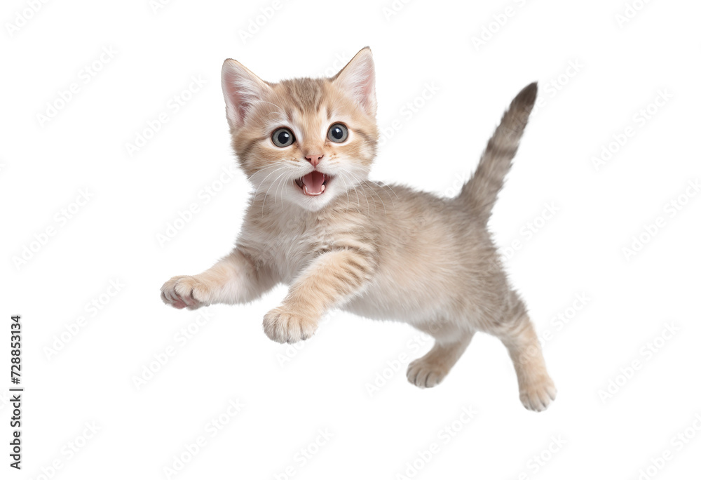 funny cute kitten in full body jumping through the picture isolated against transparent background