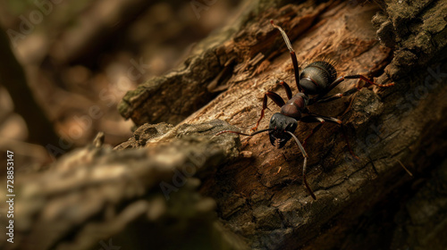  a close up of a small ant on a tree trunk in the woods with a blurry background of a tree trunk with a small ant on it's side.