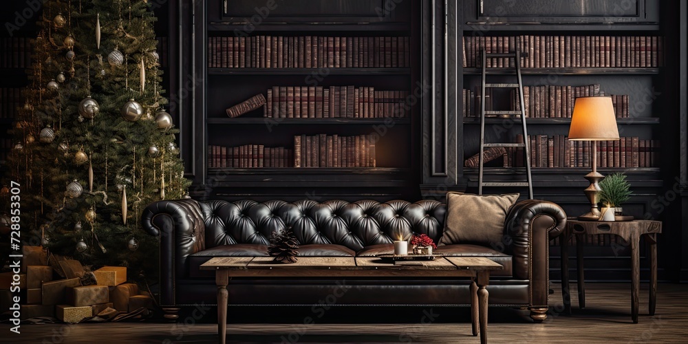 Classic dark style Christmas home decoration featuring a library, leather sofa, and adorned tree.
