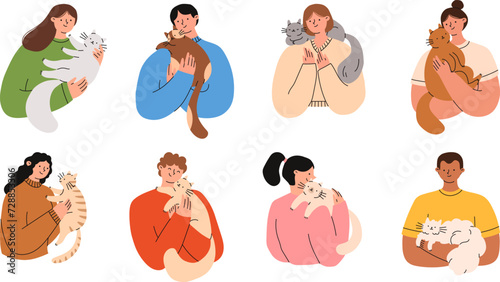 Pet owners set. People are holding cute cats in their hands. Flat vector illustration.