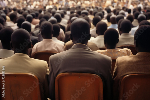 A crowd of African American people seen from behind, focused on an event in an auditorium, which could represent educational seminars or corporate presentations.