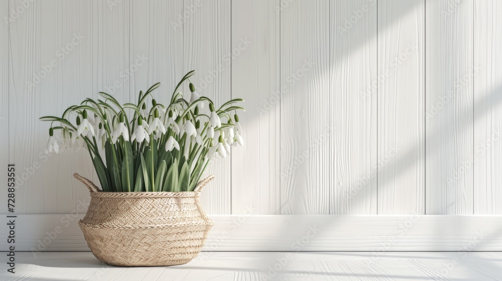 Fototapeta premium snowdrops delicately arranged in a straw basket, set against a minimalist modern style white wooden background, rendered in ultra-realistic detail to evoke a sense of natural beauty and simplicity.