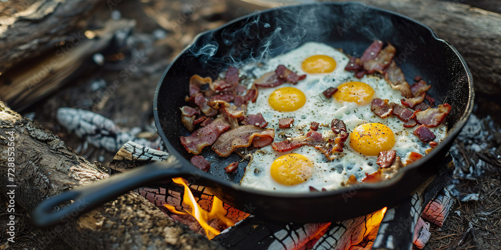 Camping breakfast with bacon and eggs Camping breakfast with bacon and eggs