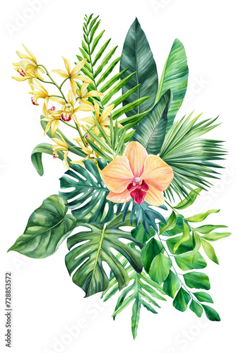 Fototapeta Naklejka Na Ścianę i Meble -  Beautiful Bouquet with Tropical orchid flower leaf illustration, botanical clipart Exotic Plant for banner, poster, card