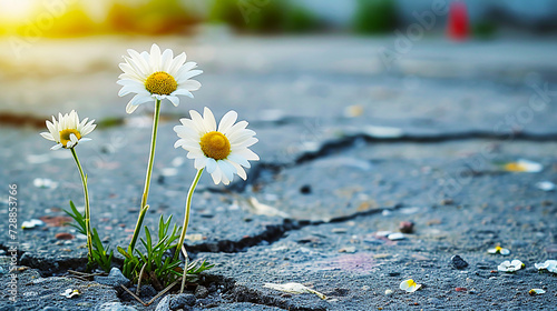 Daisies blooming in an urban concrete crevice. © Doraway