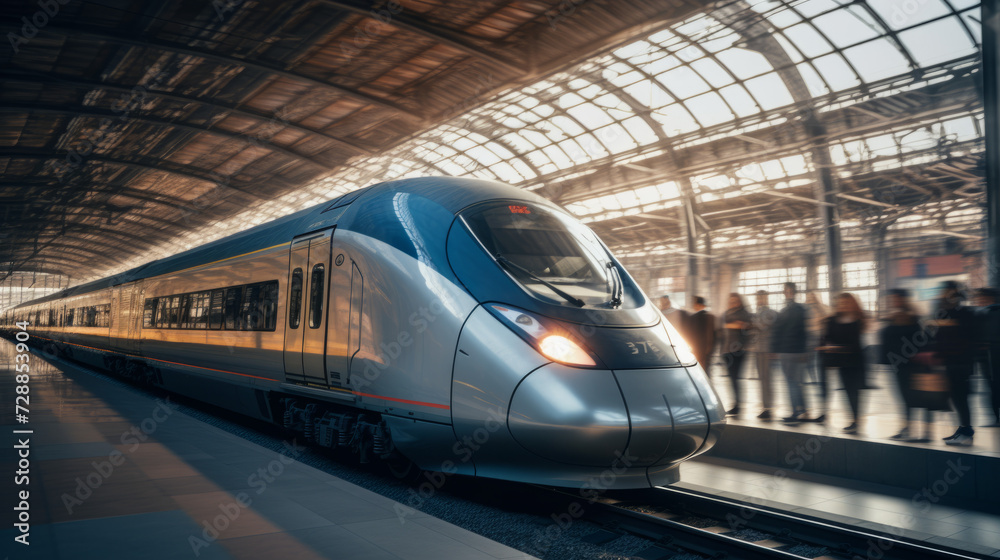 photography of a fast train in motion approaching the station full of people