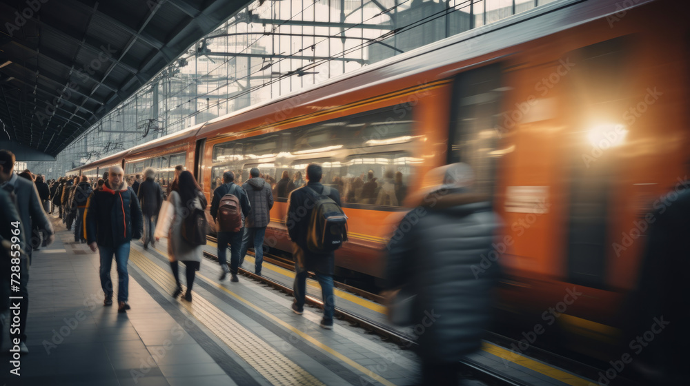 photography of a fast train in motion approaching the station full of people in blur