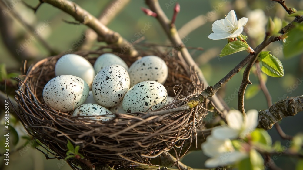 a bird's nest with four eggs in it on a tree branch with white flowers in the foreground and a blurry background of a blurry background. a bird's nest with four eggs in it on a tree branch with white flowers in the foreground and a blurry background of a blurry background.