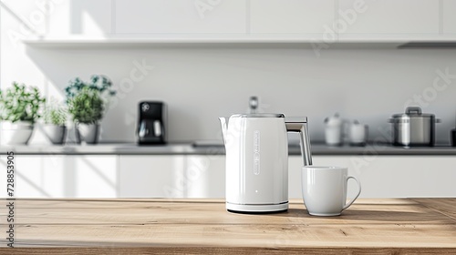 a modern electric kettle sitting beside a cup on a wooden table in a light-filled  minimalist kitchen  portraying the marriage of style and utility in contemporary home appliances.