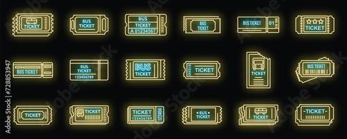 Bus ticketing card icons set. Outline set of bus ticketing card vector icons neon color on black photo