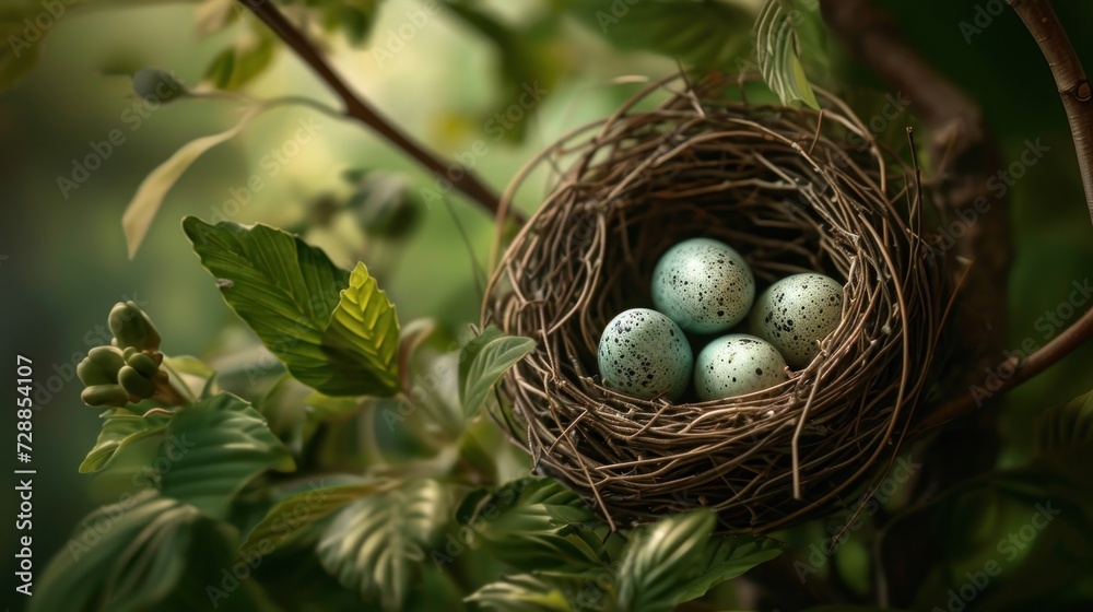 a bird's nest with four eggs sitting on a branch in the middle of a leafy tree with green leaves in the foreground and a blurry background. a bird's nest with four eggs sitting on a branch in the middle of a leafy tree with green leaves in the foreground and a blurry background.
