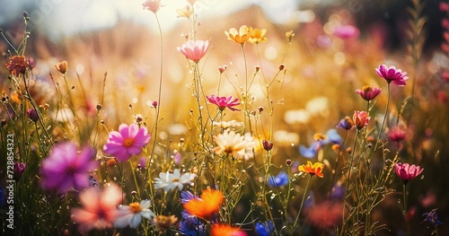 Close-Up of Wildflowers on a Sunny Day. Colourful Nature Background. photo