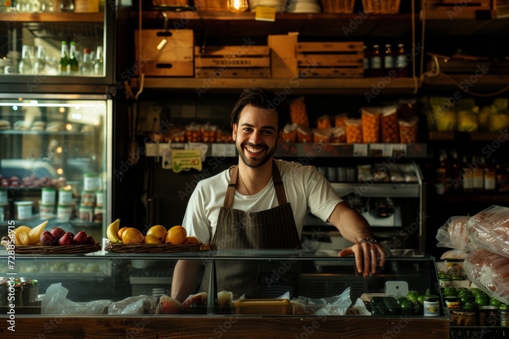 Happy grocer behind the counter at his grocery store Happy grocer behind the counter at his grocery store