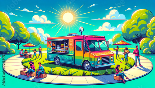 flat vector illustration about food truck in a park. sun and sky with clouds and background city