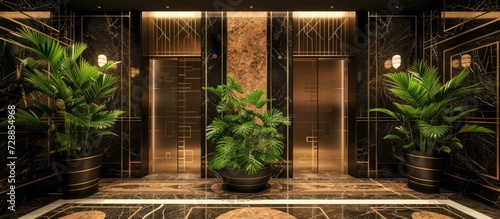 Art deco patterns and marble walls surround elegant bronze elevator doors, complemented by lush greenery in a planter.