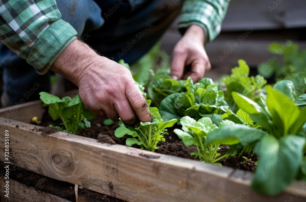 Detailed view of a gardener's dirt-stained hands planting young lettuce seedlings in a rustic wooden planter box filled with rich soil. Detailed view of a gardener's dirt-stained hands planting young lettuce seedlings in a rustic wooden planter box filled with rich soil.