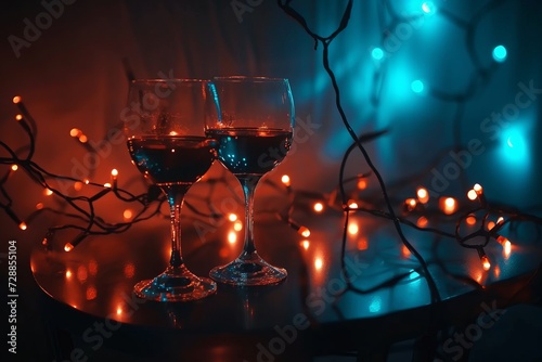 glasses on the table, bokeh of garland lights on the background