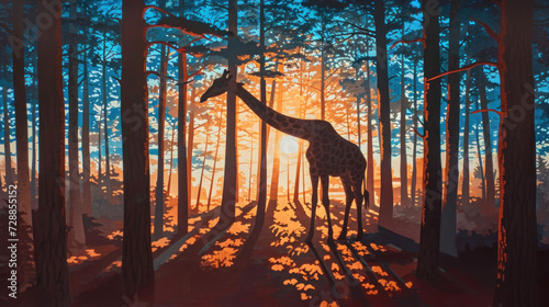  a painting of a giraffe standing in the middle of a forest with the sun shining through the trees and the sun shining down on the giraffe.