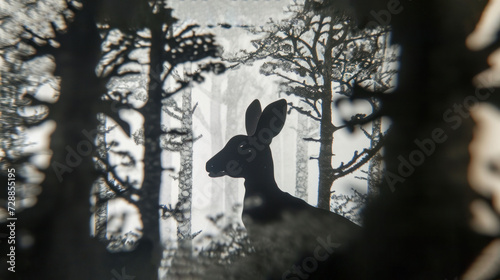  a silhouette of a deer standing in front of a forest filled with tall trees with snow falling off the tops of the tops of the trees and the tops of the tops of the branches.