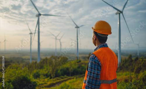 Wind energy engineer Industrial workers, teamwork in renewable resource management, teamwork in operational excellence, teamwork in green technology, affirming the concept Wind energy..