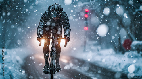 Cyclist riding bike in harsh weather conditions