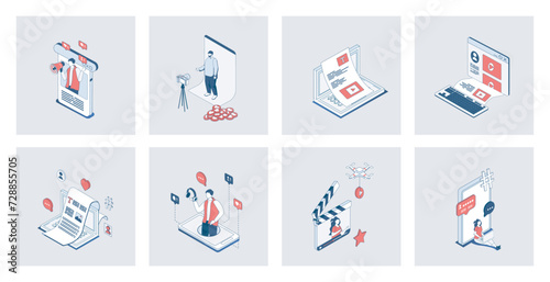 Blogging concept of isometric icons in 3d isometry design for web. Bloggers creating video content and writing articles for posting at social media and attracting new followers. Vector illustration