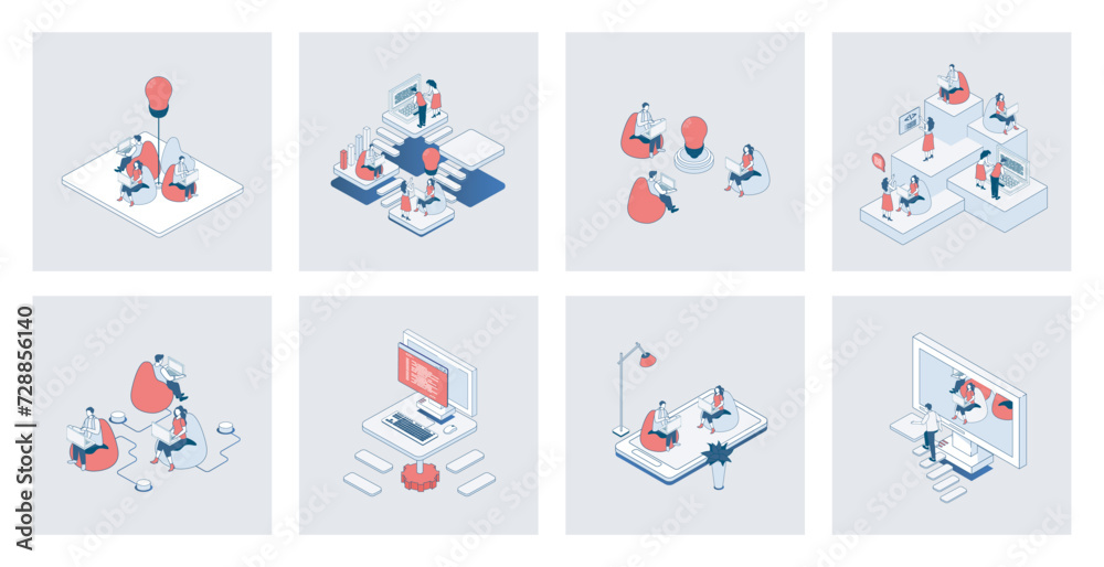 Coworking concept of isometric icons in 3d isometry design for web. Office space with coworkers workspace, colleague cooperation in workplace room, freelance and startup teamwork. Vector illustration
