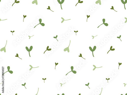 Seamless pattern of green Sprouts. Microgreens Healthy food vector Background. Young Fresh raw sprout. Greens plant illustration for wallpaper, cover, print fabric