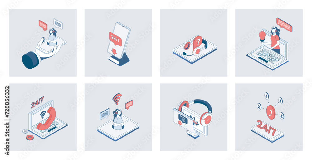 Fototapeta premium Customer support concept of isometric icons in 3d isometry design for web. Online assistance and business communication, technical solution center with operators, client feedback. Vector illustration