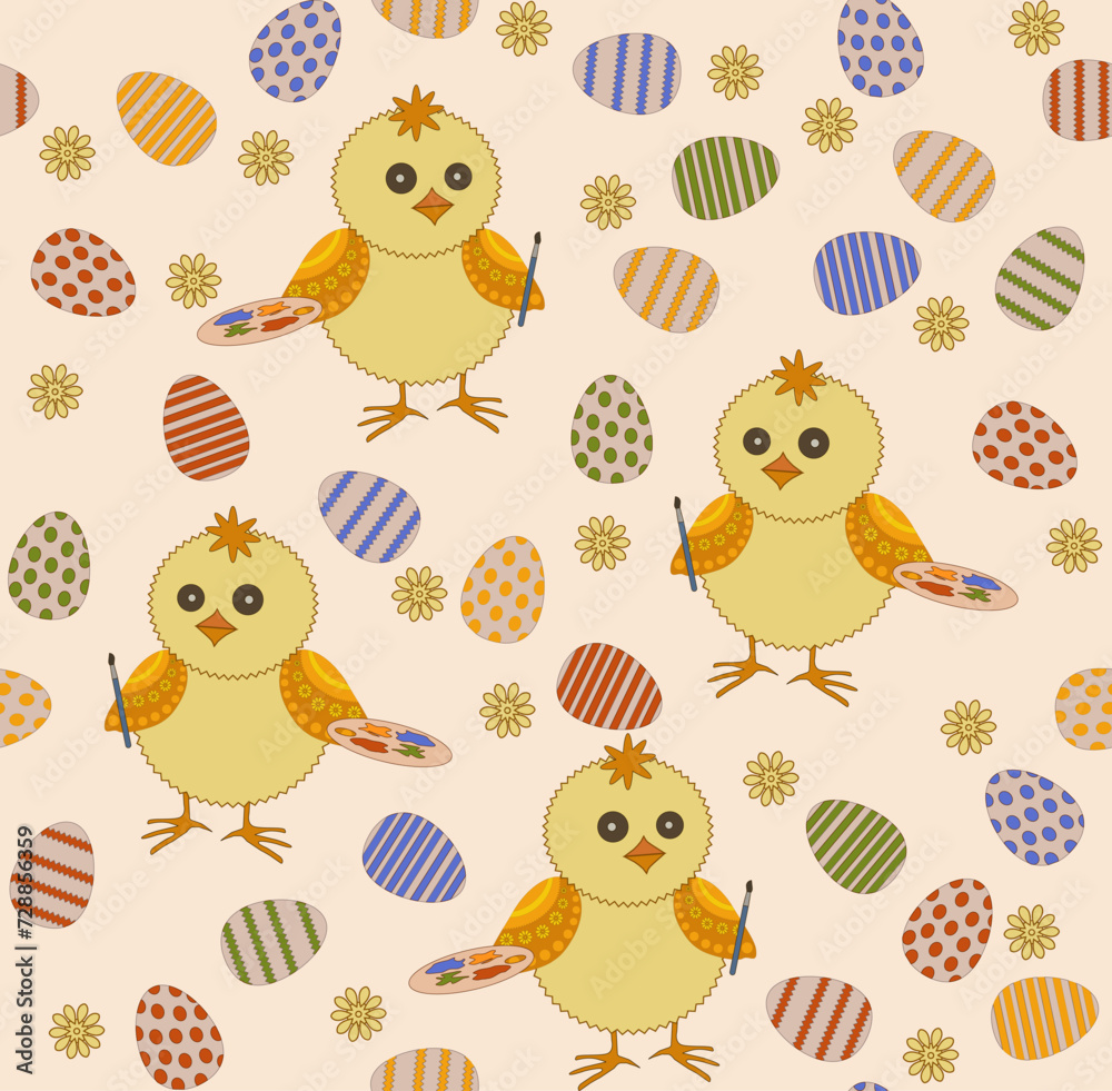 Seamless pattern in light sunny colors with a chicken painting Easter eggs Seamless pattern in light sunny colors with a chicken painting Easter eggs