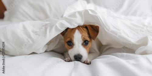 Cute funny puppy on white bed at home in morning. Playful dog peeking out from under white blanket