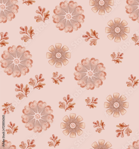 Seamless vintage floral pattern in warm colors, hand-painted, aquarelle. Can be used for fabrics, wallpaper, wrapping paper