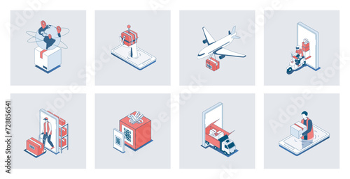 Delivery concept of isometric icons in 3d isometry design for web. Global logistic, truck transportation and air shipment, sending parcels with courier, post warehouse storage. Vector illustration
